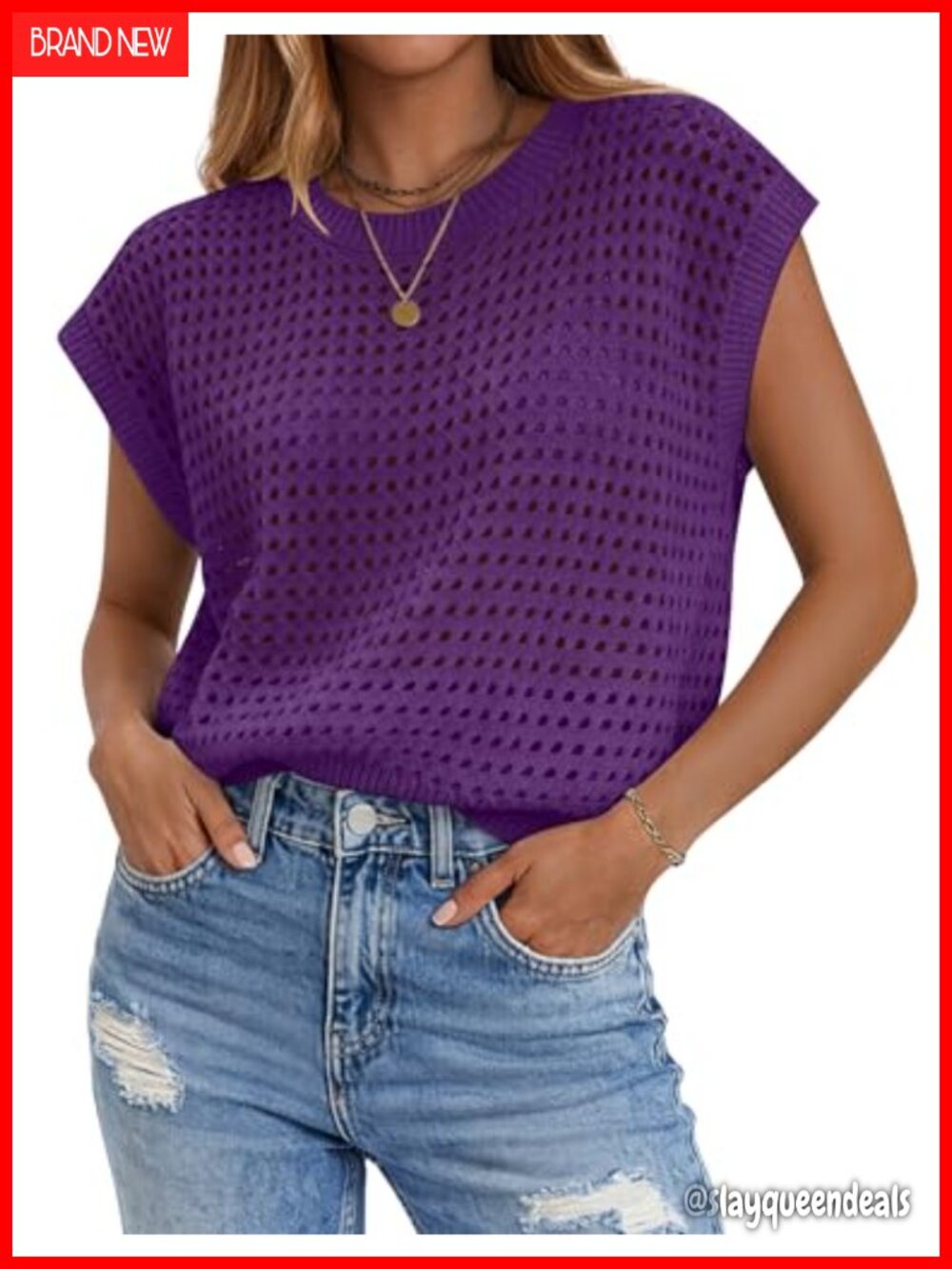 Crochet Hollow Pullover Sweater Vest Cap Sleeve Crewneck Knit Top Womens